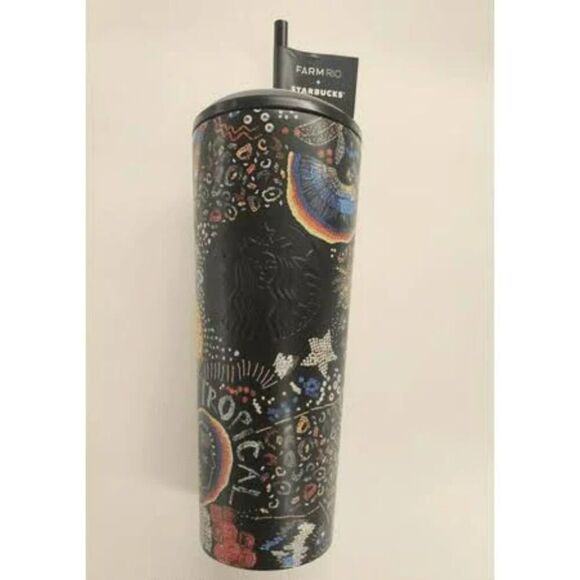 NWT Starbucks x Farm Rio Colorful Black Beadwork Stainless Cold Cup Tumbler - Picture 3 of 4